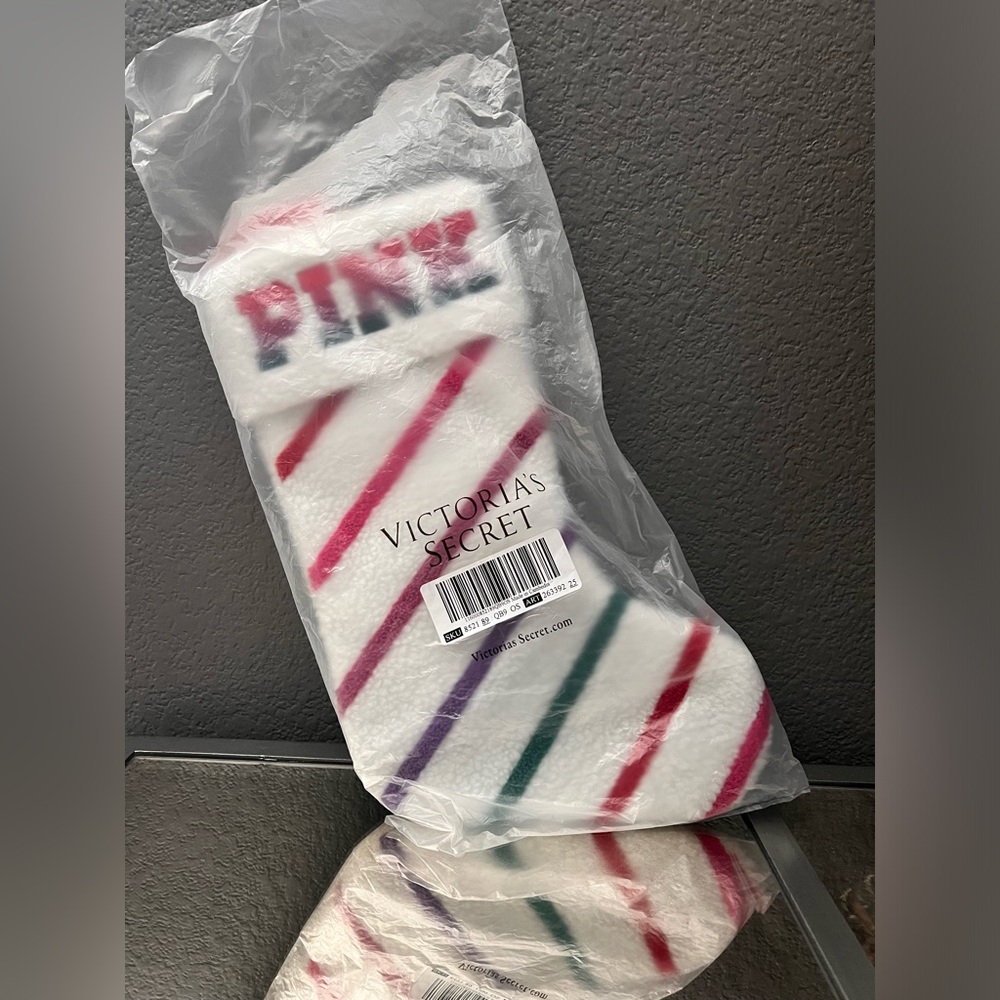 NWT Victoria Secret PINK Multi-Colored Candy Cane Sherpa Christmas Stocking